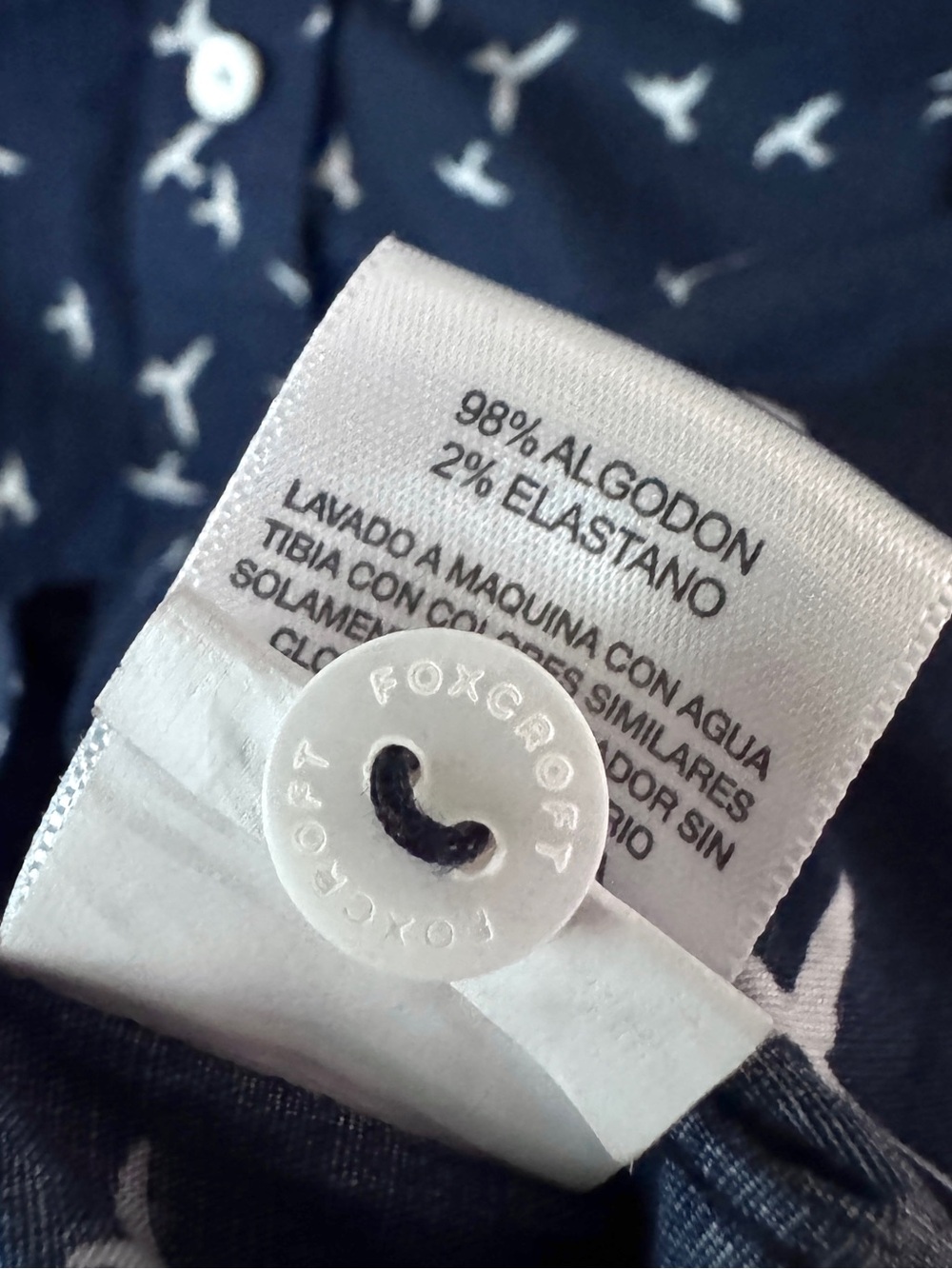 Foxcroft Navy with White Bird Print Tailored Button-Down Shirt Top Size L NWOT - Picture 9 of 9